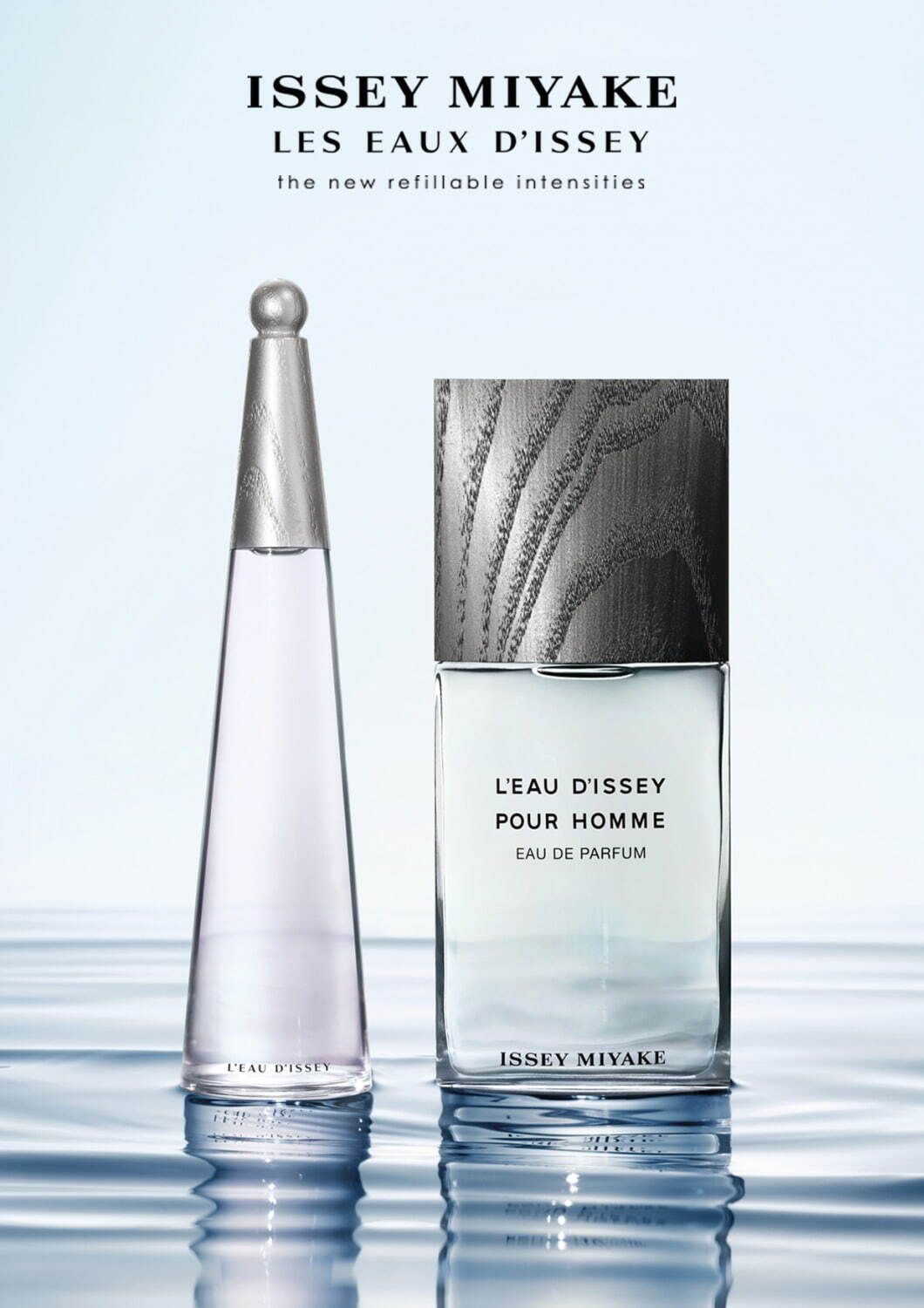 (左から)「ロードゥ イッセイ オードパルファム インテンス」30mL 12,320円、50mL 17,270円、100mL 24,200円、150mL(レフィル) 25,410円＜新製品＞
「ロードゥ イッセイ プールオム オードパルファム」40mL 9,570円、75mL 12,430円、125mL 17,270円、150mL(レフィル) 16,390円＜新製品＞