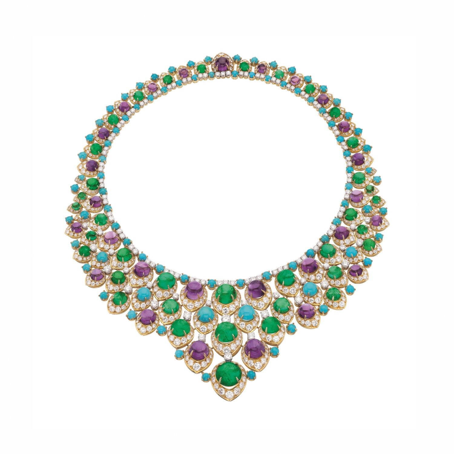 《「ビブ」ネックレス》
ゴールド、プラチナ、エメラルド、アメシスト、ターコイズ、ダイヤモンド
1968年 リン・レブソン旧蔵 ブルガリ・ヘリテージ・コレクション