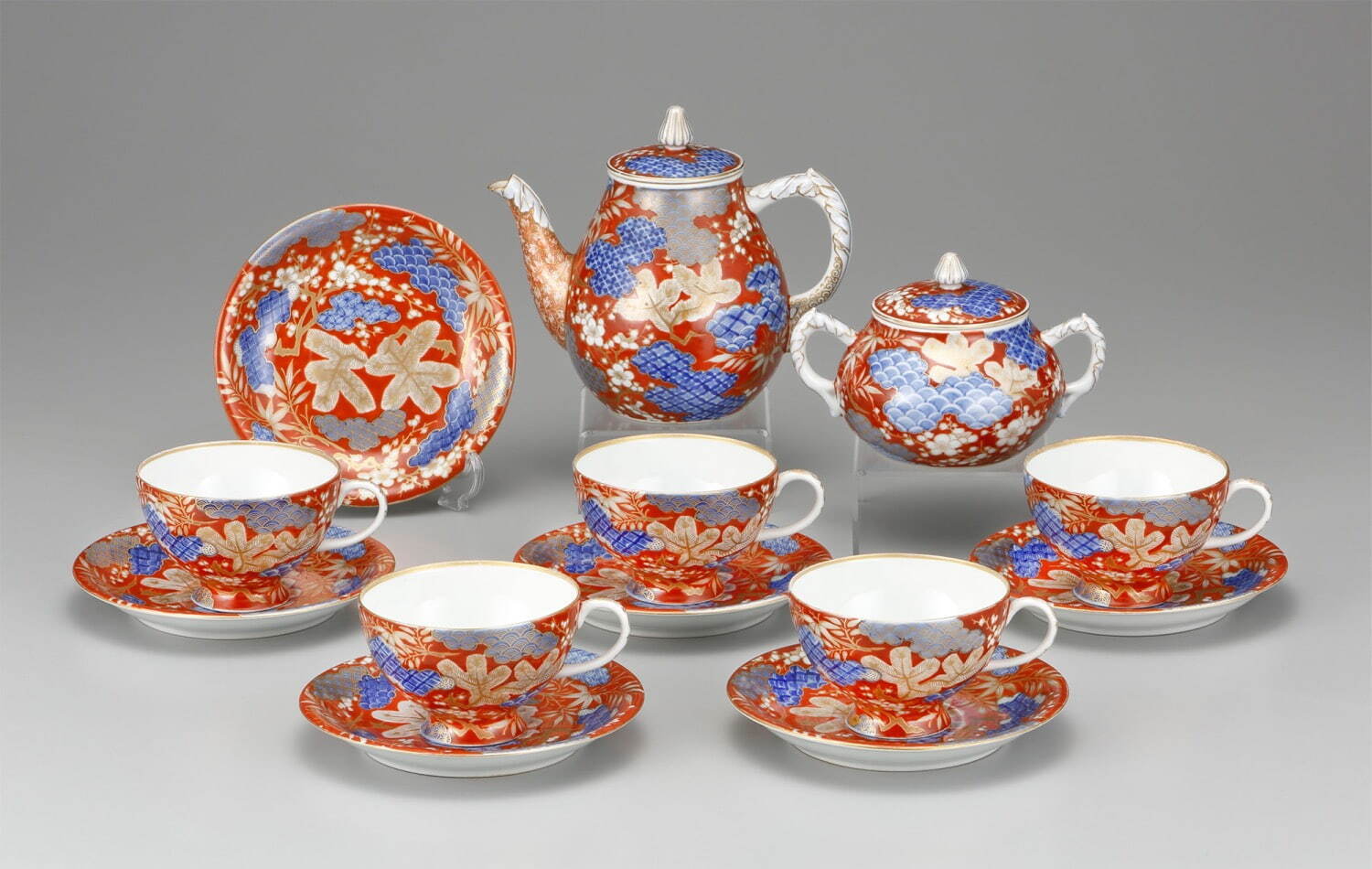 深川製磁 《染付上絵金彩松竹梅図ティーセット》 明治時代後期