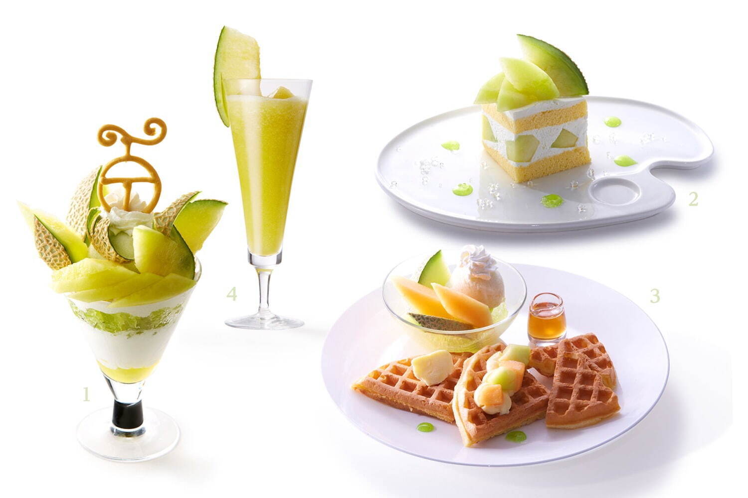 マスクメロンパフェ 2,750円、マスクメロンのショートケーキ(コーヒーまたは紅茶付) 2,090円、マスクメロンと赤肉メロンのワッフル(コーヒーまたは紅茶付) 1,980円、マスクメロンジュース 1,870円
※マスクメロンパフェとマスクメロンジュースは通年メニュー。
※支店6店舗での提供。