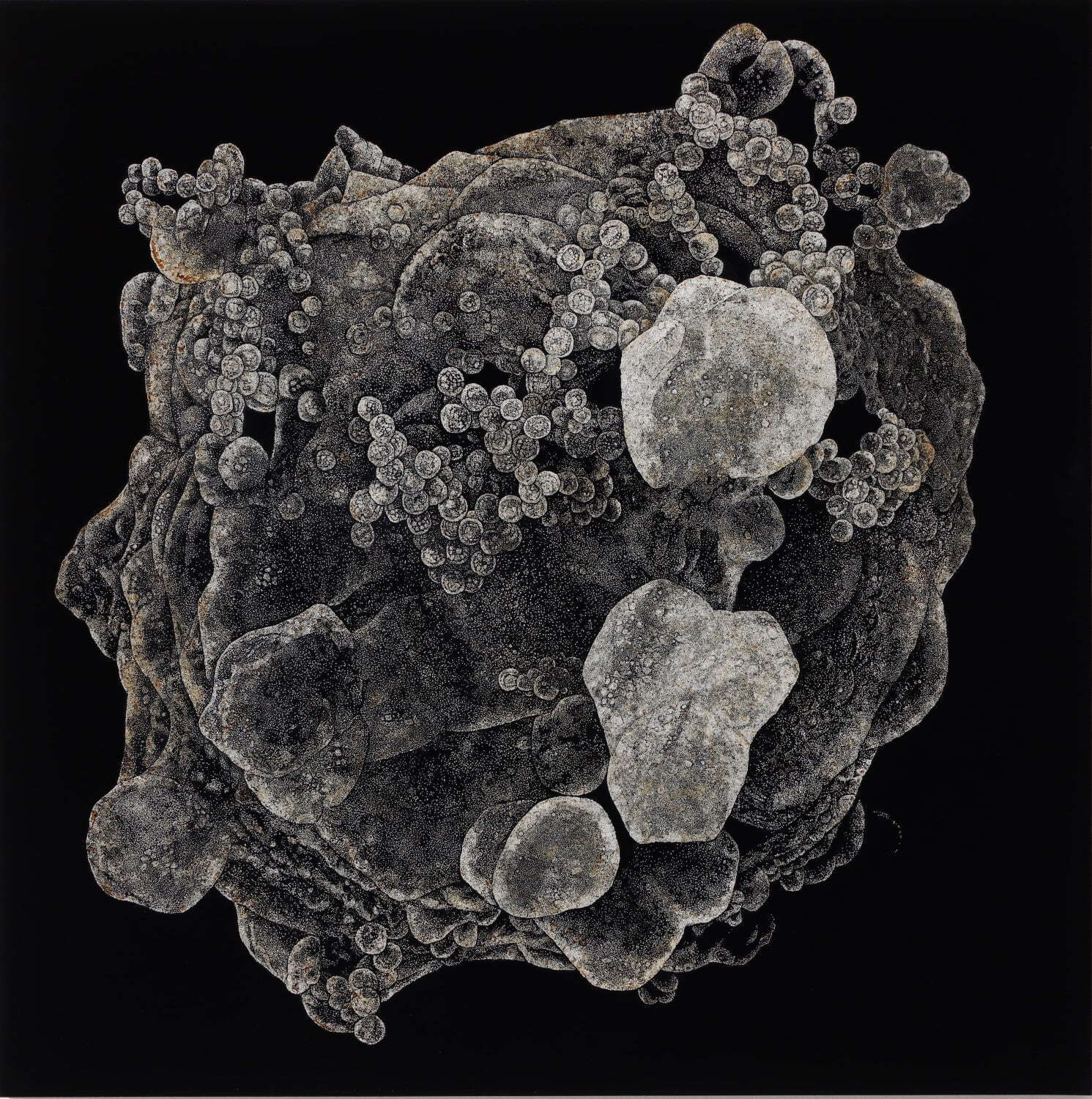 豊海健太 《HOPE-fossil HIV-》 2014年
H91×W91×D1.2cm 漆、卵殻、アルミ樹脂複合板
© TOYOUMI Kenta photo: KIOKU Keizo