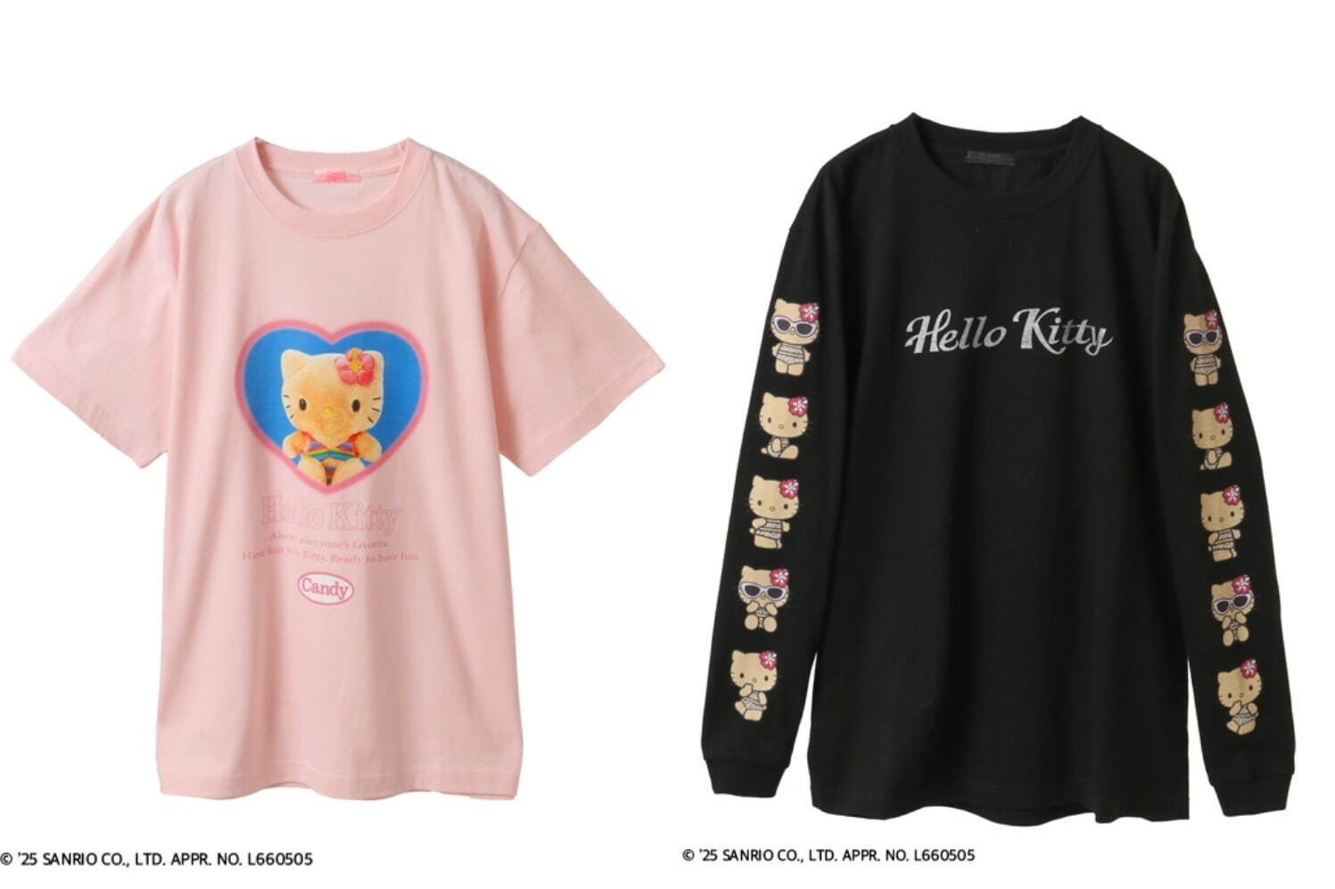 ハートモチーフ｜キャンディストリッパー“日焼けハローキティ”のコラボTシャツ、ギャル風ハローキティ連ねたロンTも