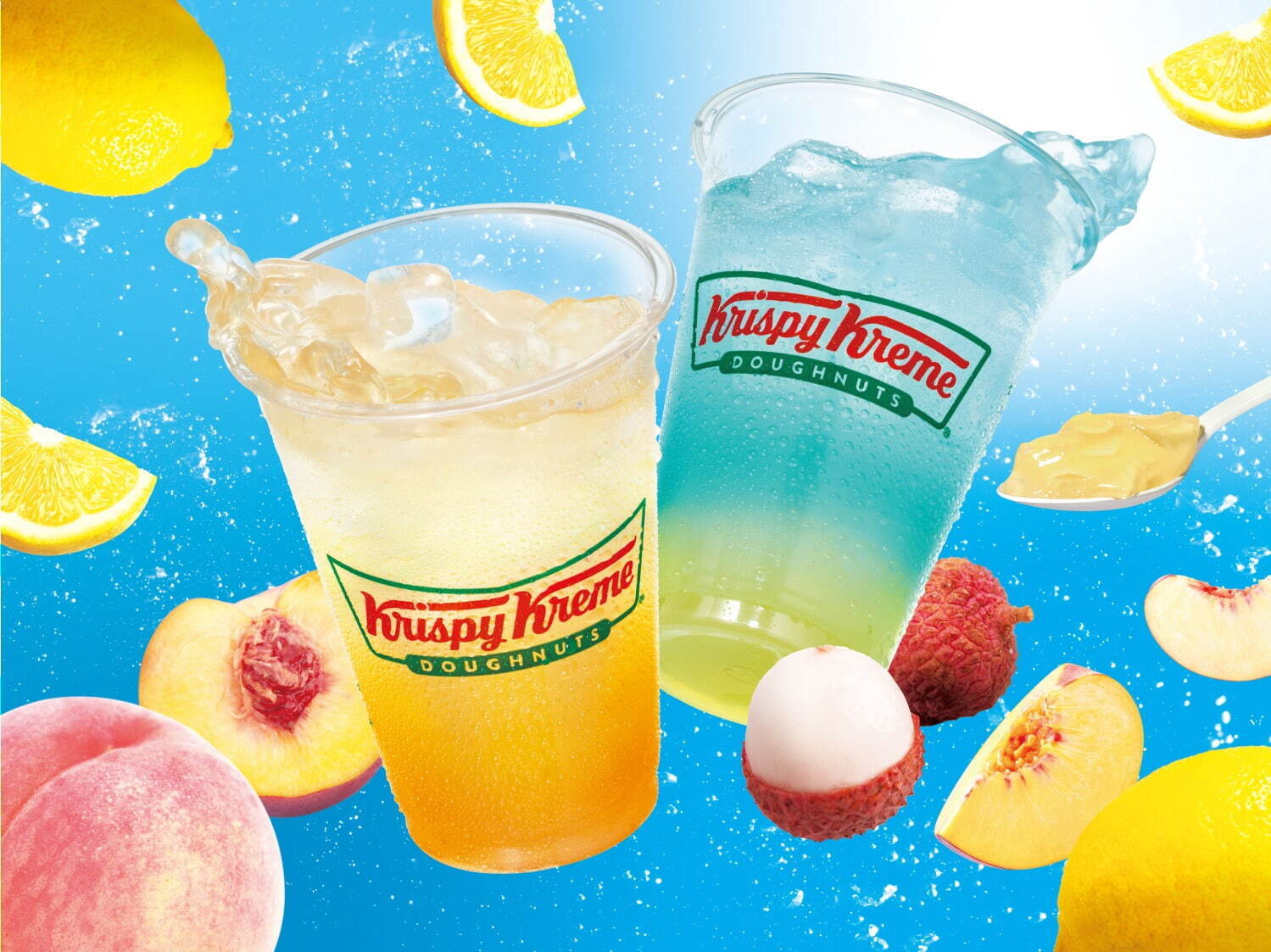 左から)「ピーチジェリー in ソーダ トリプル ピーチ レモネード」、「ピーチジェリー in ソーダ ライチ レモネード」各615円(イートイン 各627円)