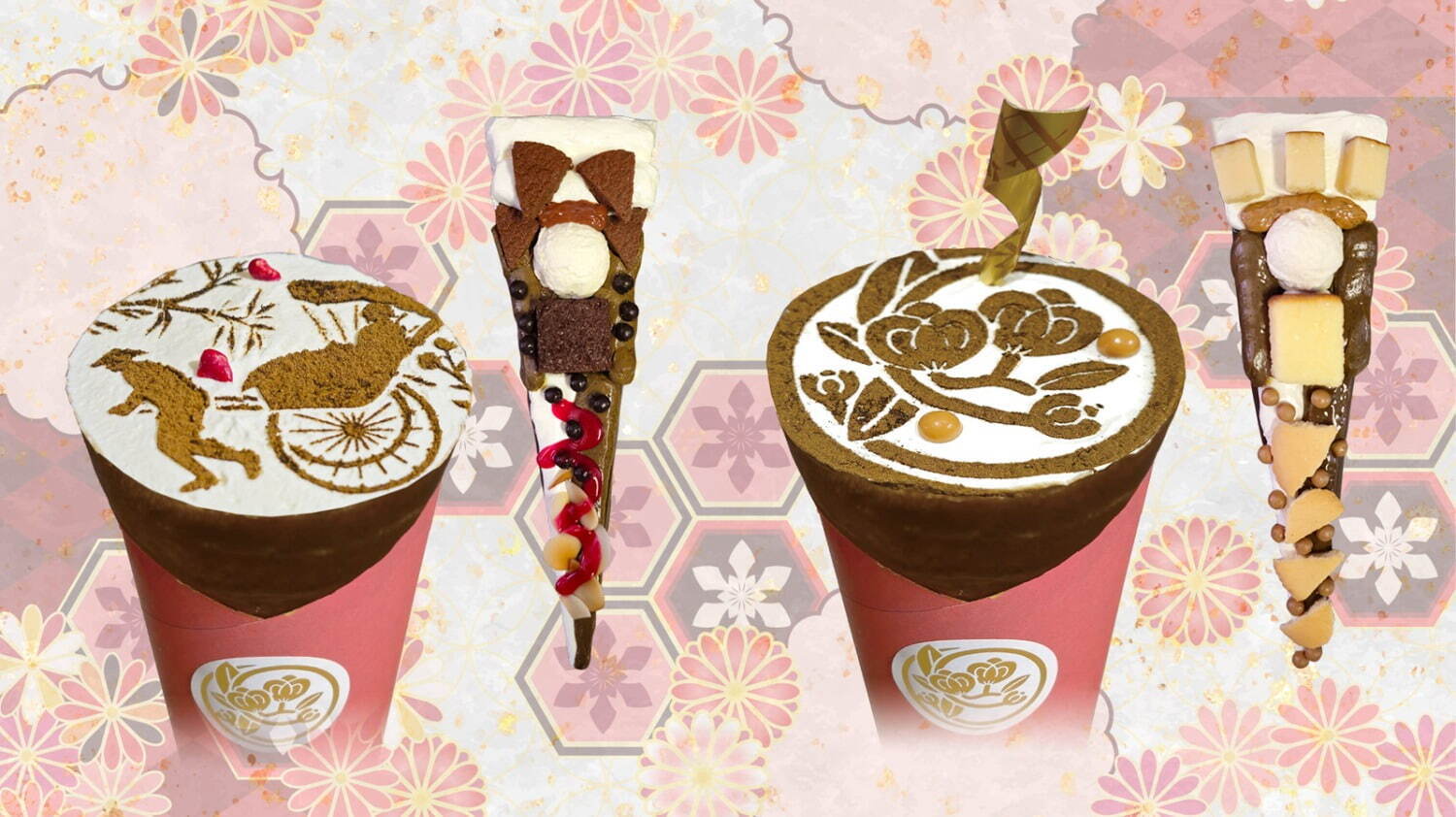 左)「ガトーショコラとフランボワーズの 掛川ほうじ茶クレープ」1,400円、右)「バスクチーズケーキとプラリネの 掛川ほうじ茶クレープ」1,400円
