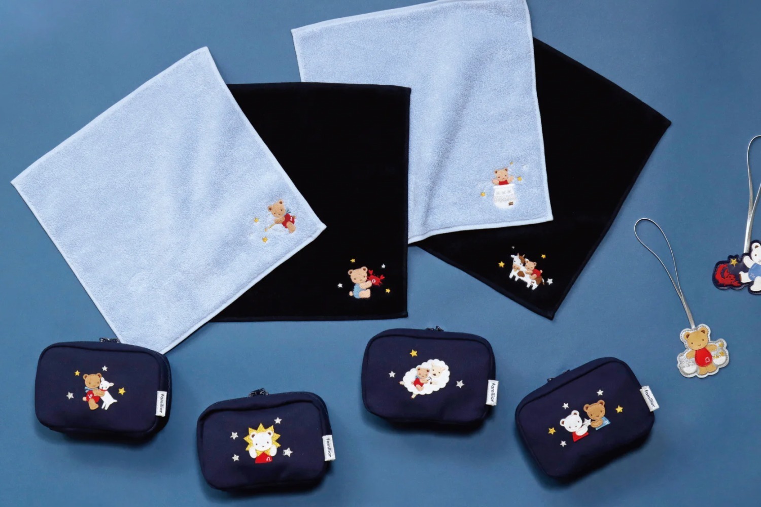 ファミリア「12星座」モチーフのお守り雑貨、“クマちゃん刺繍入り”ポーチ・ハンカチ・チャーム｜川西阪急