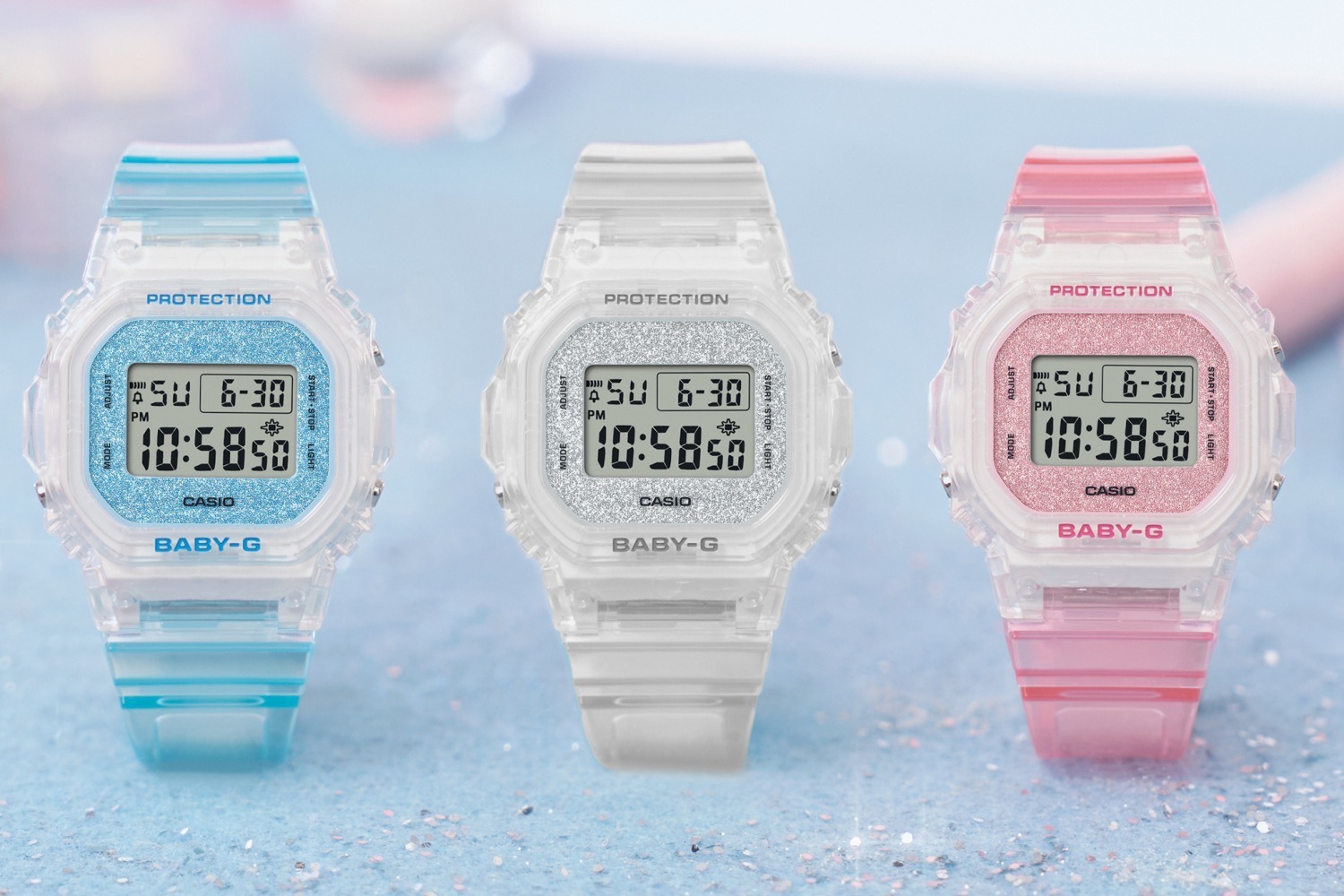 BABY-G｜BABY-G“スケルトンバンド”腕時計、ピンクやブルーに煌めくグリッターダイヤルで