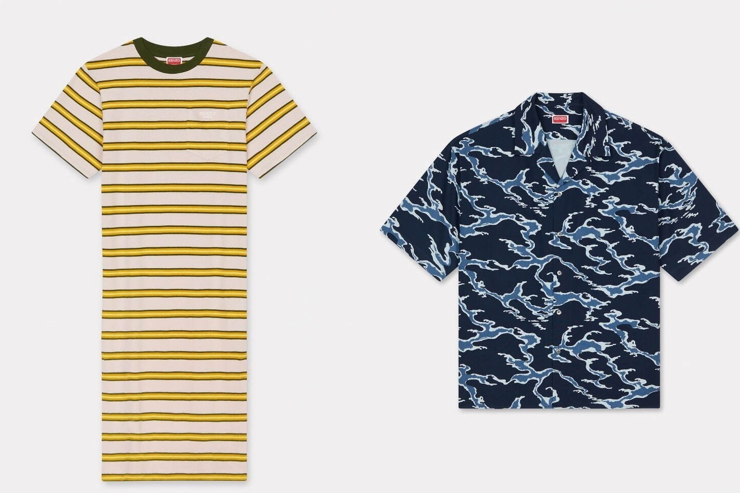 ケンゾー25年夏ウェア、“19世紀のビーチウェア”着想ボーダーTシャツ＆波のカモフラージュ柄シャツ