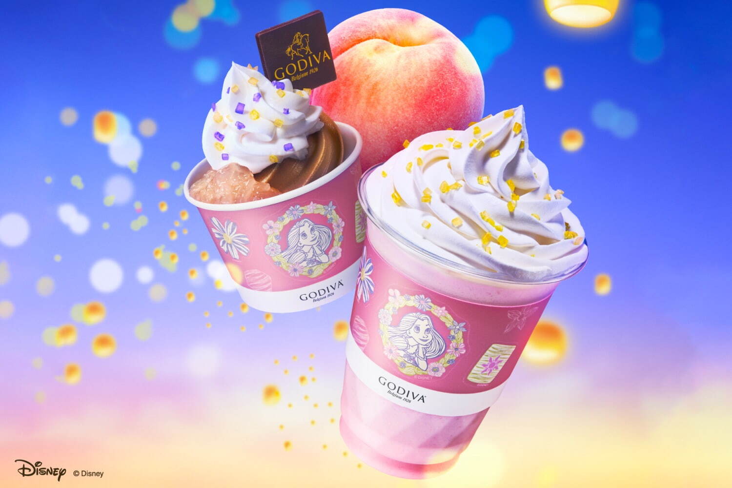 「ホワイトピーチ ショコリキサー」レギュラーサイズ 876円／270mL、ラージサイズ 986円／350mL
「ソフトクリーム ピーチジュレ＆チョコレート」ワッフルコーン 790円／125g、カップ 790円／125g