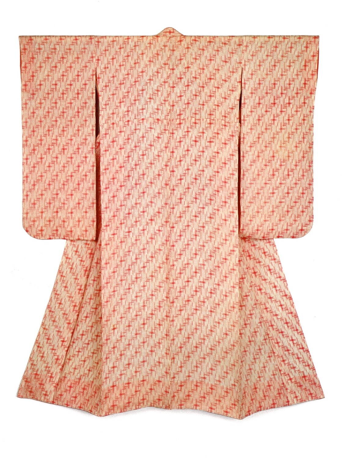 「幾何文苧麻白経緯紅絣振袖」 越後