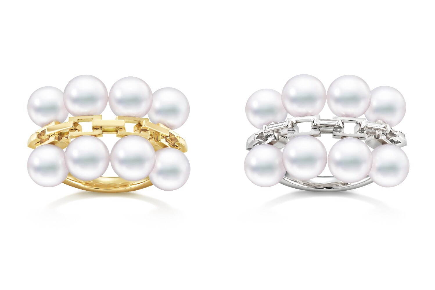 左から)シークエンス リング［18K イエローゴールド、あこや真珠］1,100,000円/シークエンス ダイヤモンド リング［18K ホワイトゴールド、あこや真珠］1,320,000円