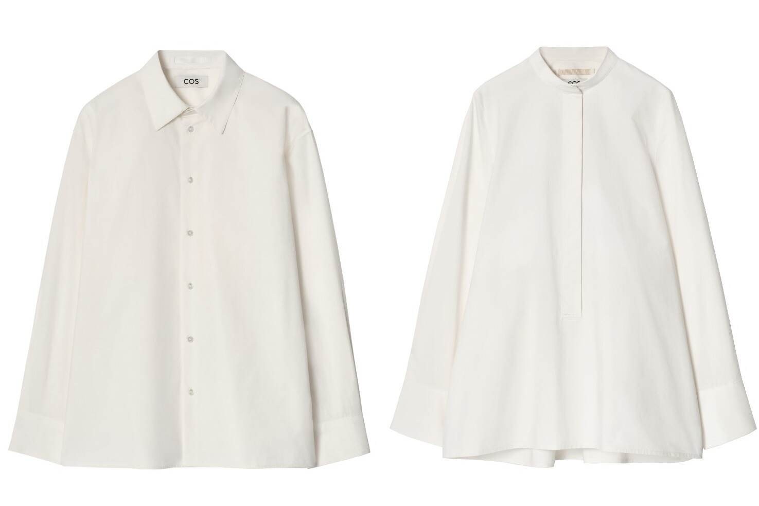 COSの白シャツ、クラシックな襟付きデザイン＆マザー・オブ・パールボタンのノーカラーシャツ