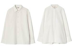 COSの白シャツ、クラシックな襟付きデザイン＆マザー・オブ・パールボタンのノーカラーシャツ