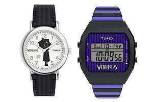 タイメックス×Netflix「ウェンズデー」腕時計、“クモの巣”浮かぶダイヤルやカラス飛ぶ秒針