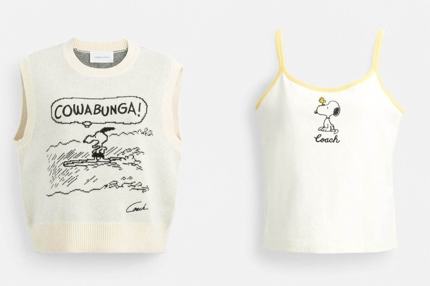 コラボスニーカー｜コーチ「ピーナッツ」コラボウェア“60年代コミック”ニットベスト＆スヌーピー主役のリンガーTシャツ