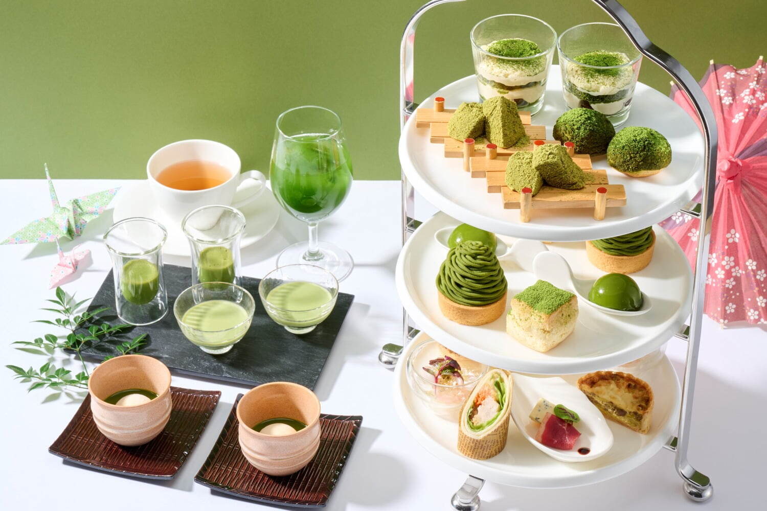 和菓子｜帝国ホテル 大阪×福寿園の厳選抹茶アフタヌーンティー、渋皮栗入り抹茶モンブランや"もちもち”水饅頭