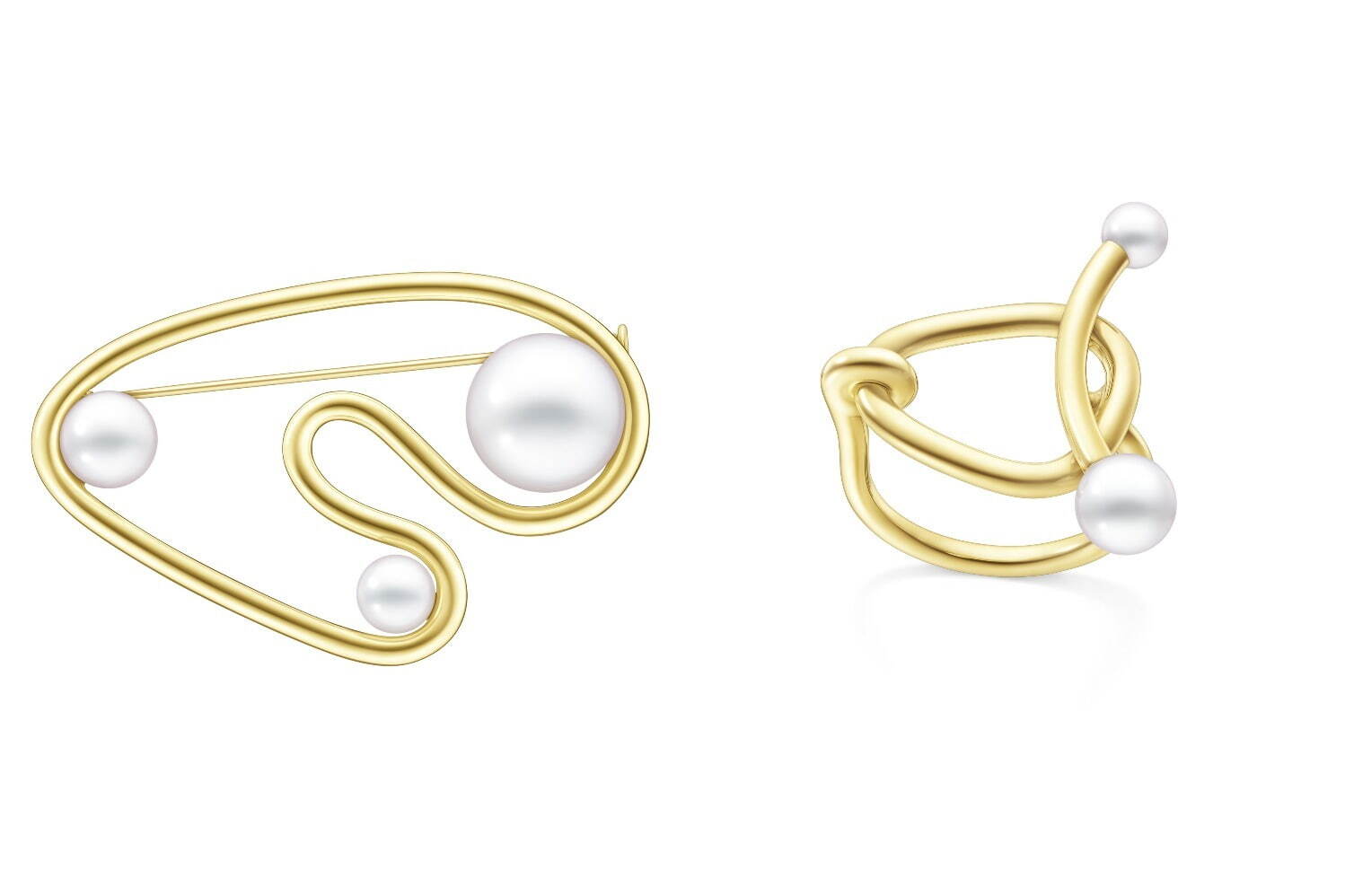 左から)フルイド ブローチ［18K イエローゴールド、あこや真珠、南洋真珠 白蝶］1,705,000円、アンビバレント リング［18K イエローゴールド、あこや真珠］550,000円
