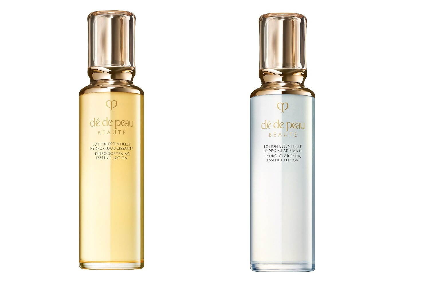 (左から)「クレ・ド・ポー ボーテ ローションエサンシエル A」【しっとりタイプの化粧水】170mL 14,300円、レフィル 13,200円(編集部調べ)＜新製品＞
「クレ・ド・ポー ボーテ ローションエサンシエル C」【軽やかタイプの化粧水】170mL 14,300円、レフィル 13,200円(編集部調べ)＜新製品＞