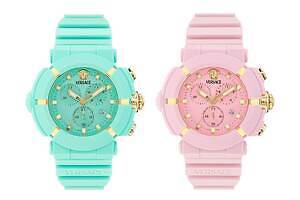 ヴェルサーチェ“メデューサ輝く”クロノグラフ腕時計、パステルブルーやピンクで