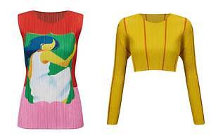 プリーツ プリーズ イッセイ ミヤケの服をまとった女性をカラフルに描いたタンクトップ＆ワンピース