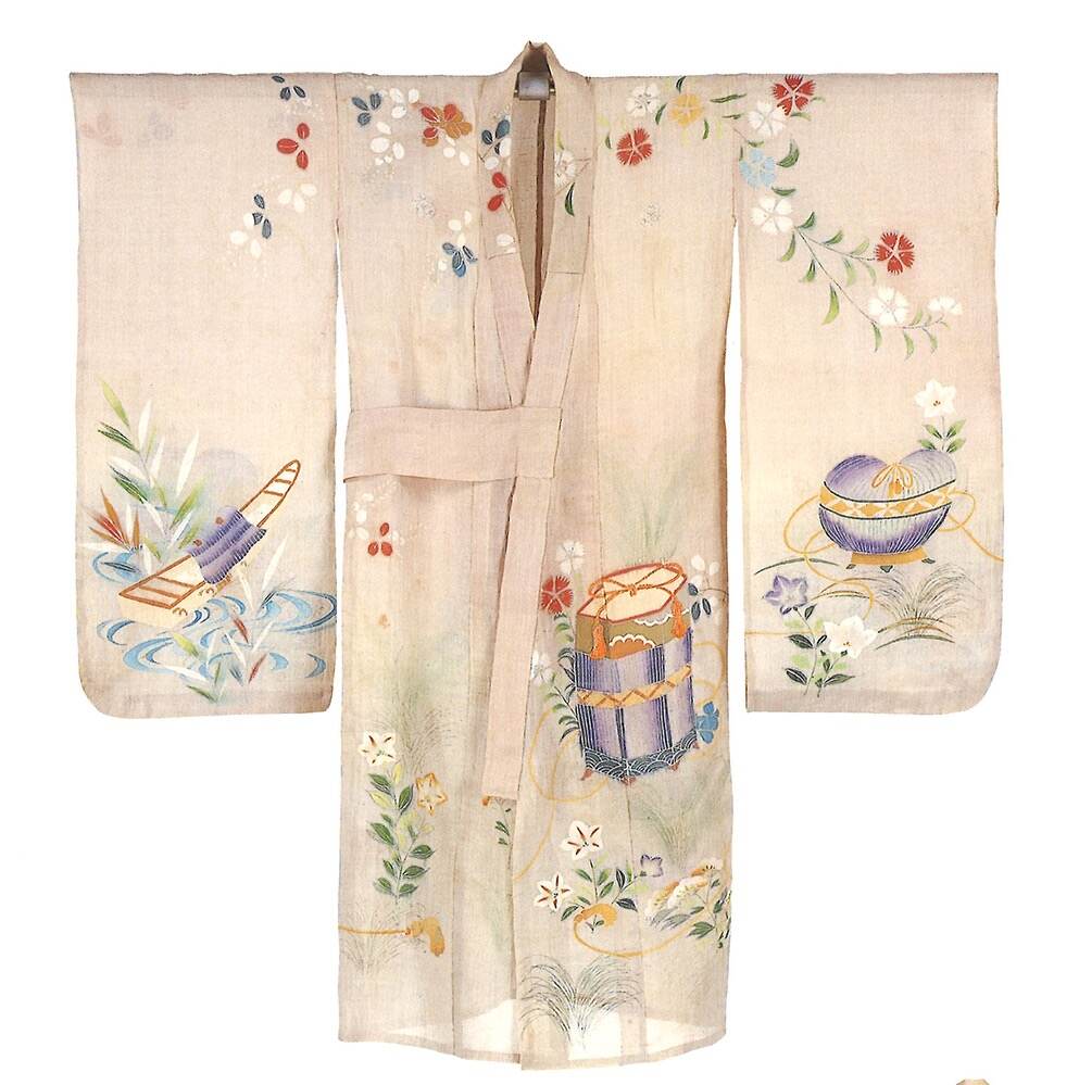 《暈染地秋七草貝桶屋根舟模様祝着》 江戸〜明治時代 原始布・古代織参考館蔵 ［前期展示］