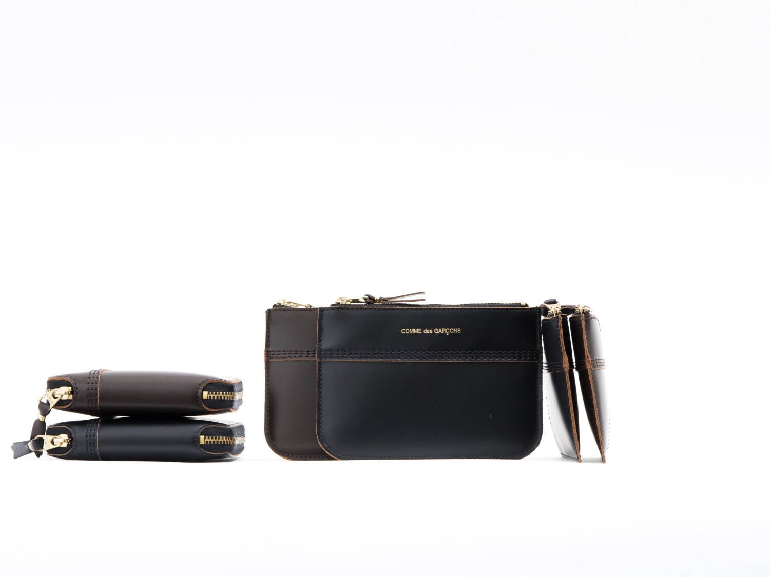 L字型ZIP 19,800円、ZIPポーチ 18,700円、二つ折りZIP 42,900円