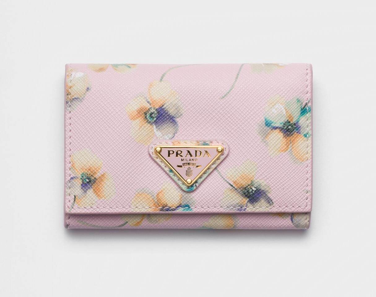 【PRADA】lady's 花柄プリント レザーウォレット 二つ折り財布 すぐ届く】PRADA レザー 花柄 二つ折り財布 (PRADA/折りたたみ