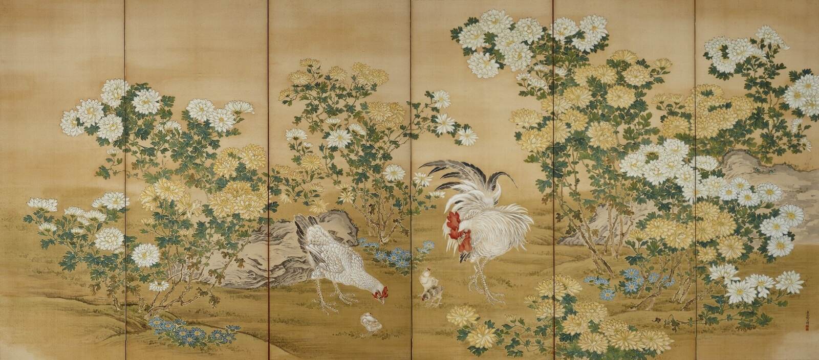 野口幽谷 《菊鶏図屏風》(右隻) 明治28年(1895年) 静嘉堂文庫美術館蔵 ［前期展示］