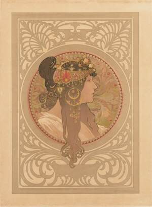 アルフォンス・ミュシャ 《ブルネット：ビザンティン風の頭部》 1897年 リトグラフ、紙 堺 アルフォンス・ミュシャ館(堺市)蔵