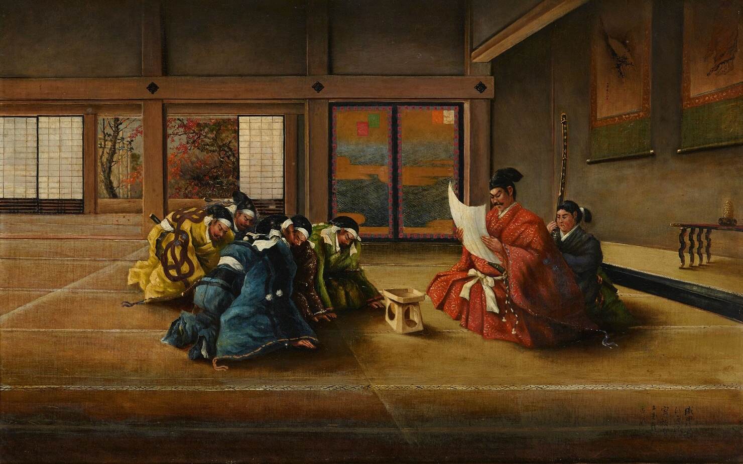 高橋由一 《織田信長ひそかに密勅を五老臣に示すの図》 明治26年(1893年) 油彩・カンヴァス 国(皇居三の丸尚蔵館収蔵)