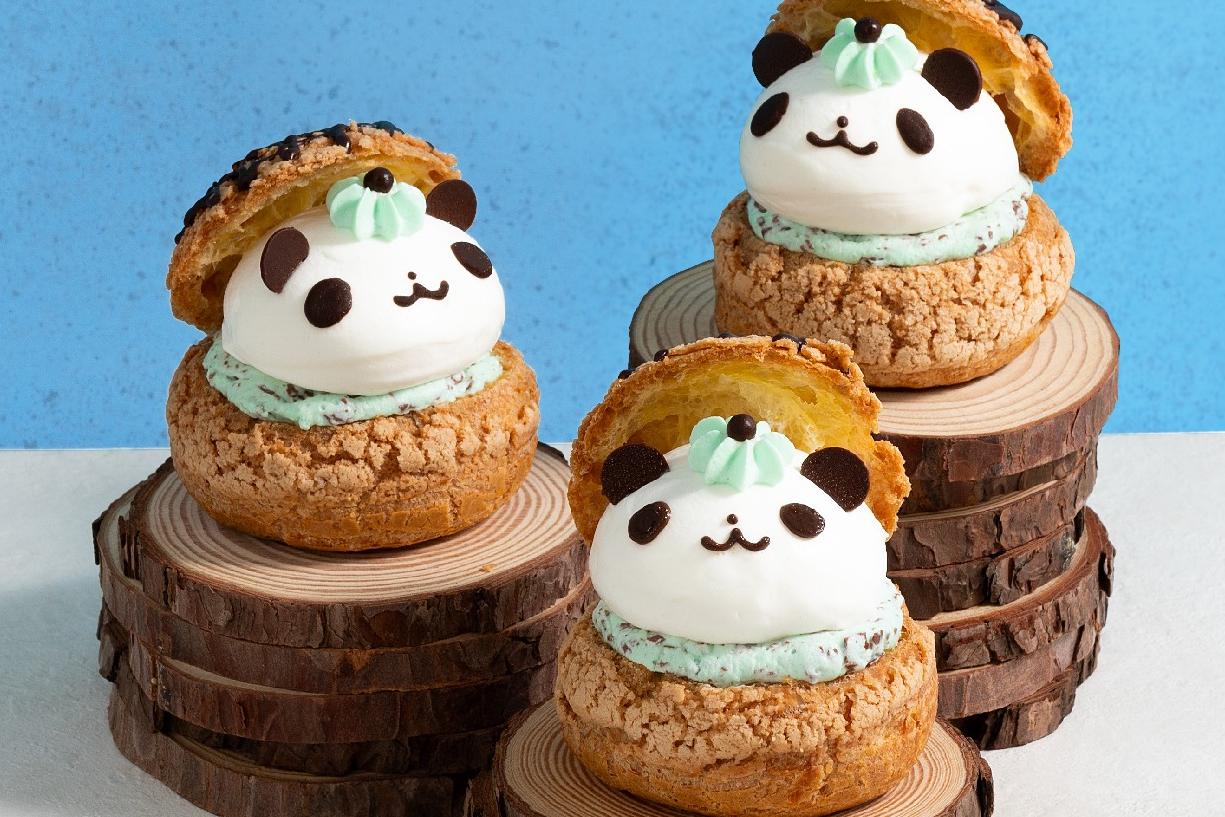 チョコミント味の「パンダ」シュークリーム、ふっくら白いミント＆チョコミントの2種のクリーム入り｜五反田東急スクエア