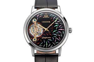 クレドール「ゴールドフェザー」トゥールビヨン限定腕時計、太陽の周りを飛翔する鳥を漆芸で