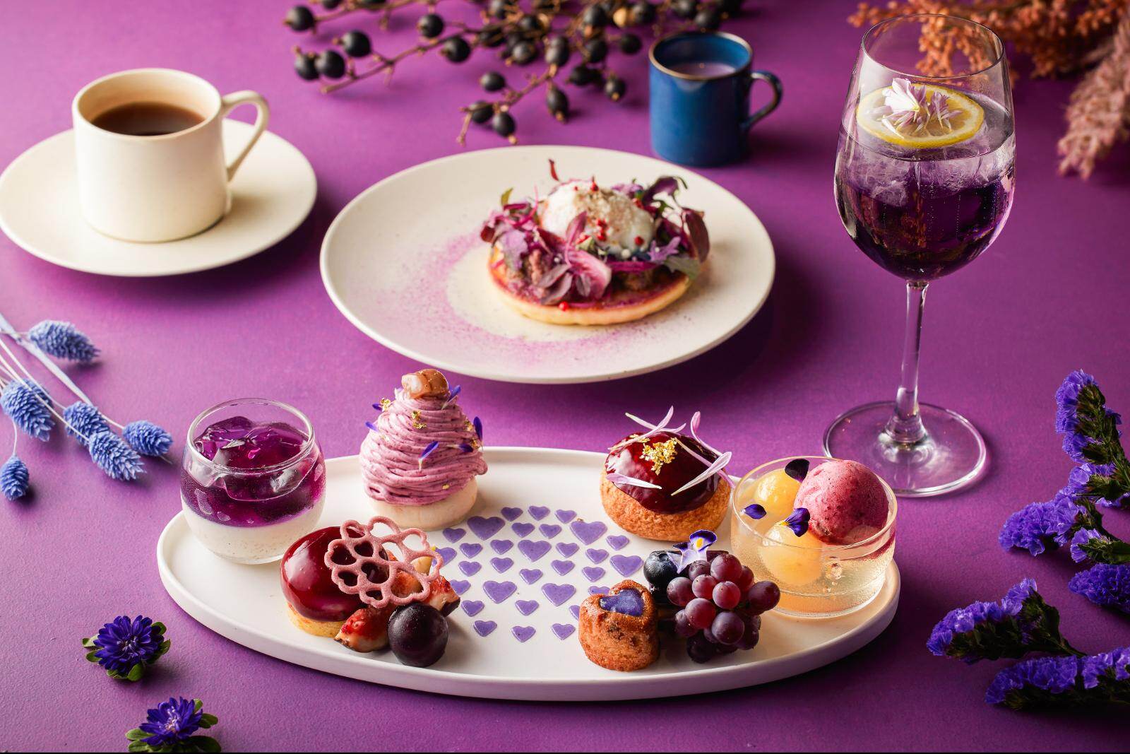 ハイアット セントリック 銀座 東京のパープルアフタヌーンティー、瑞々しい巨峰ジュレやパンケーキなど