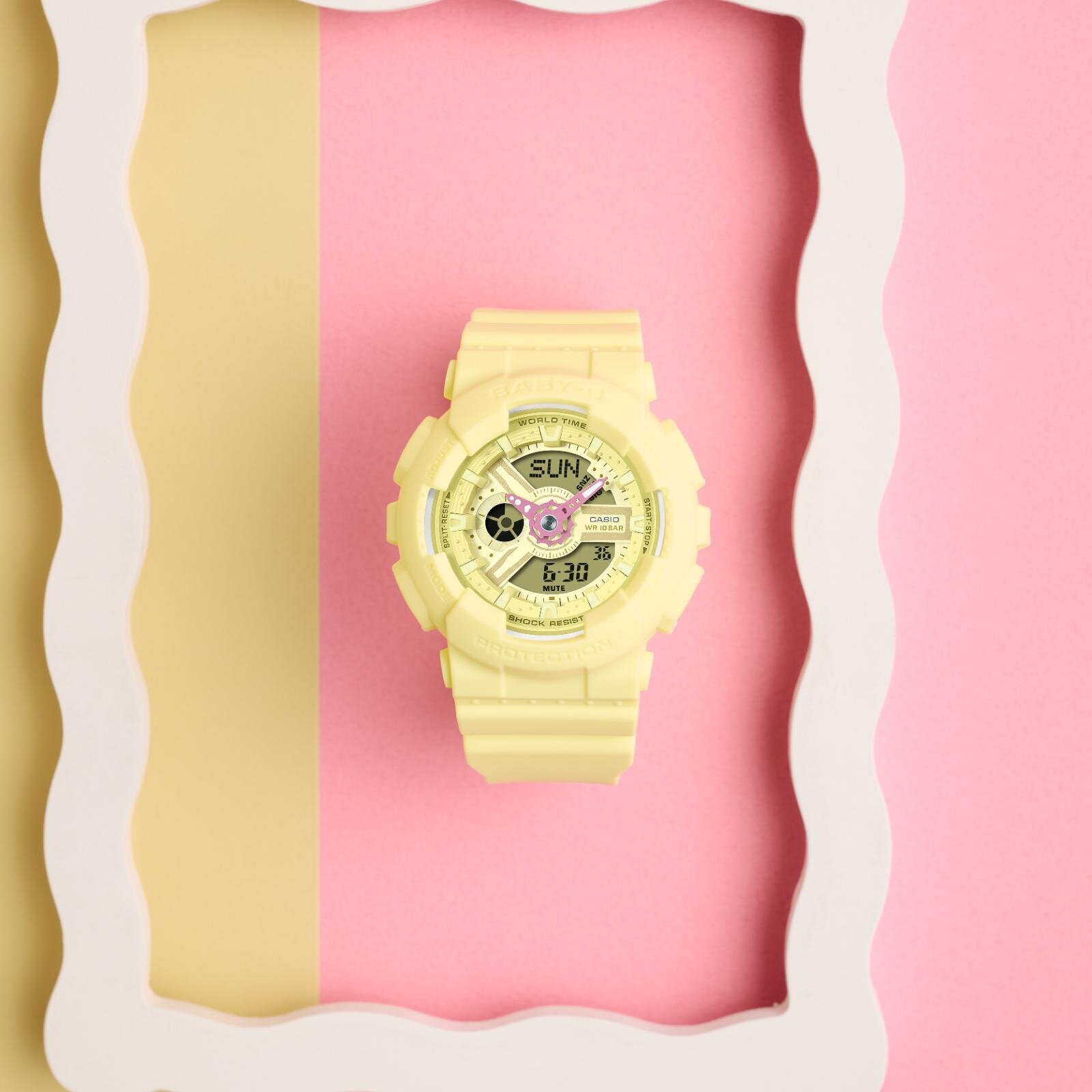 BABY-G“パステルカラー”のデジタル×アナログ腕時計、イエローケースにピンク針｜写真7