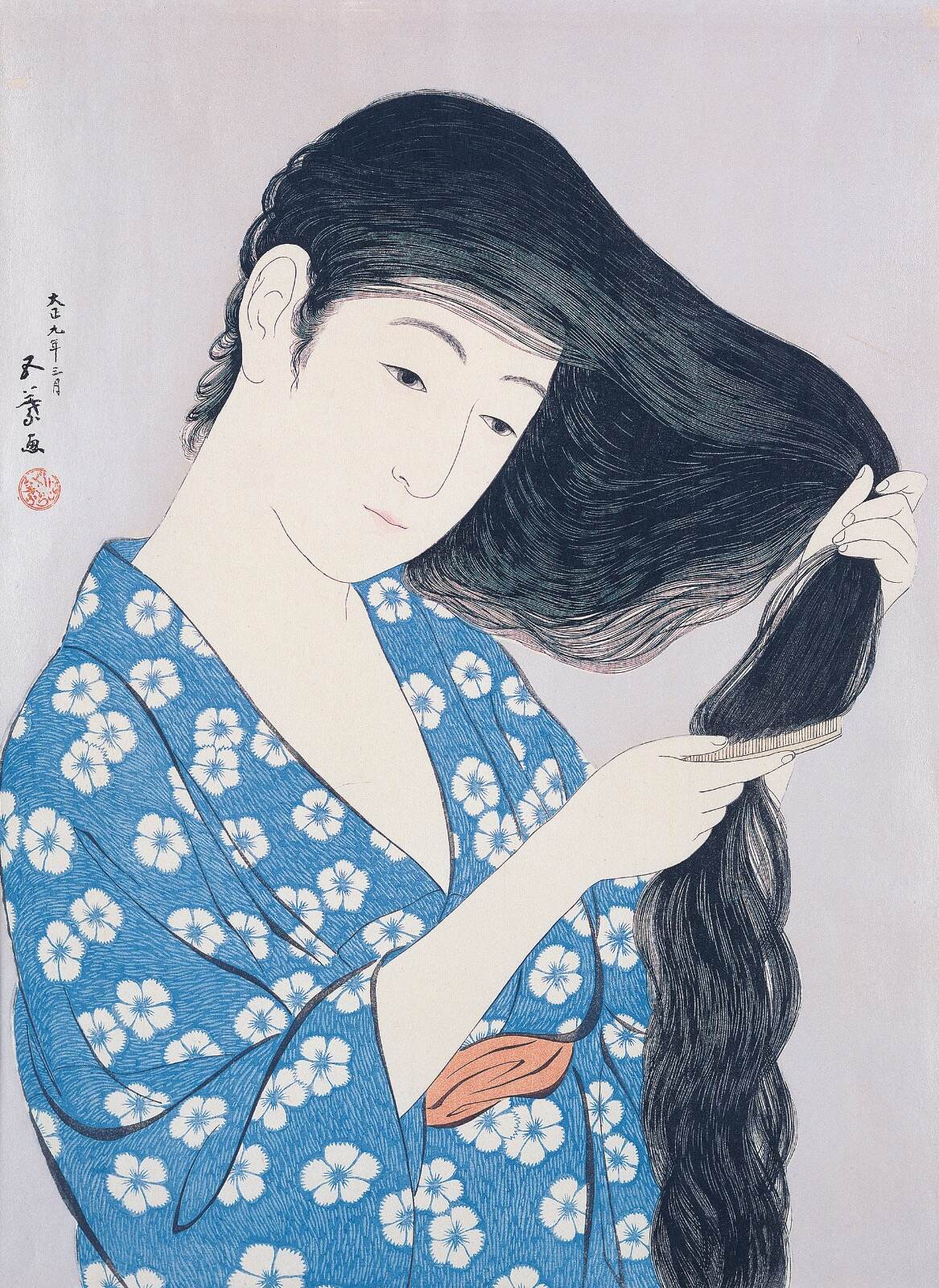 橋口五葉 《髪梳ける女》 大正9年(1920年) 木版、紙 鹿児島市立美術館