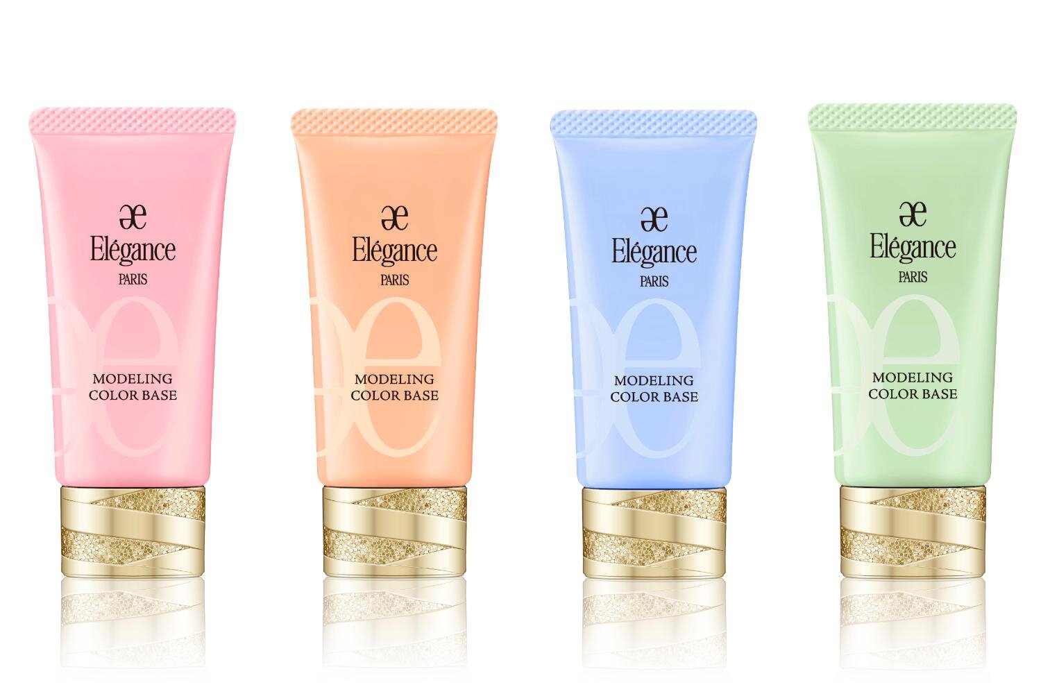 (左から)エレガンス モデリング カラーベース 30g SPF25 PA++ PK100,OR200,BU300,GR400 各5,500円＜新製品＞ 