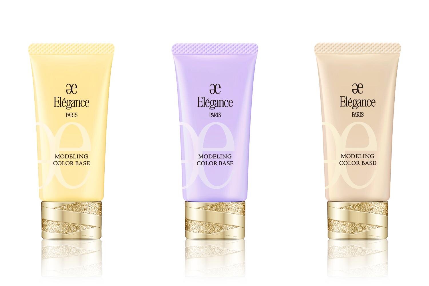 (左から)エレガンス モデリング カラーベース 30g SPF25 PA++ YE401,LV600,BE902 各5,500円＜新製品＞ 