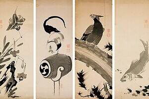 伊藤若冲・墨画の傑作《花鳥魚図押絵貼屏風》収蔵後初公開、企画展「The 花鳥画」鳥取県立美術館で