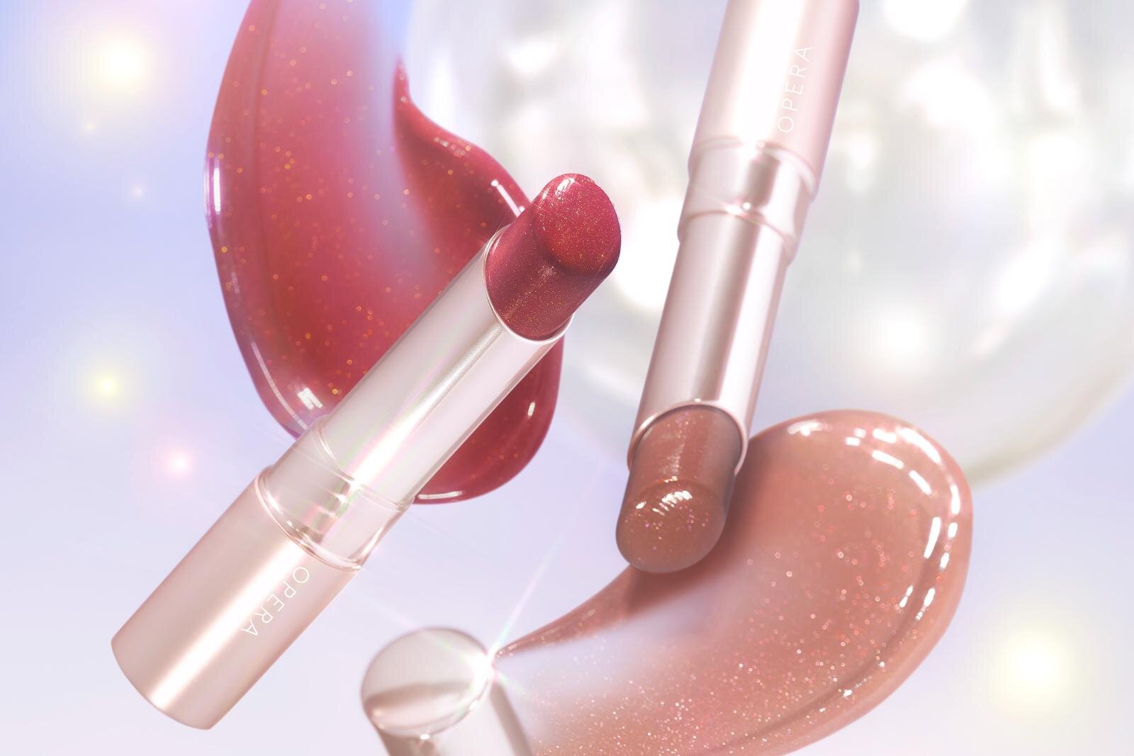 オペラの水光ツヤリップ「グロウリップティント」25年冬限定色、‟月光ラメ輝く”レッド＆ベージュ