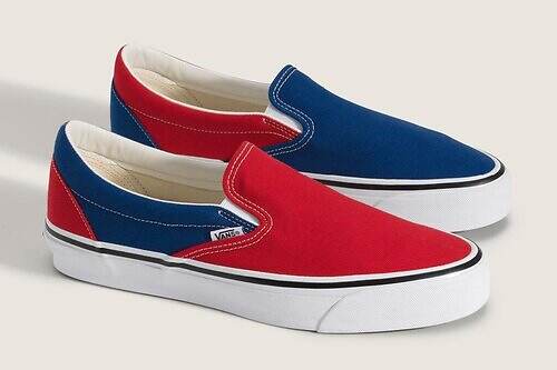 Vans×エンジニアド ガーメンツのスニーカー、切り替え配色のアシンメトリースリッポン