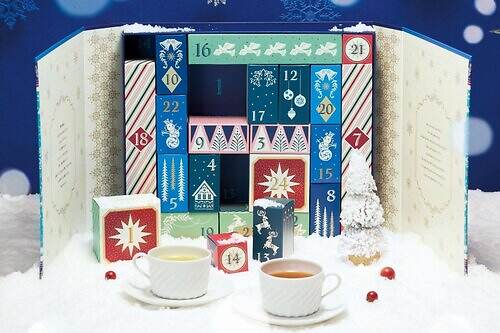 ルピシア25年クリスマス、ホワイトチョコとナッツ香る紅茶缶＆ティーやお菓子入りアドベントカレンダー