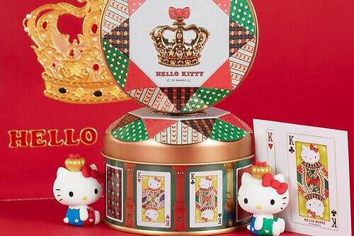 「ハローキティのトランプ缶」王冠ハローキティのフィギュア付き！ダイヤモンドカット缶、青山デカーボから