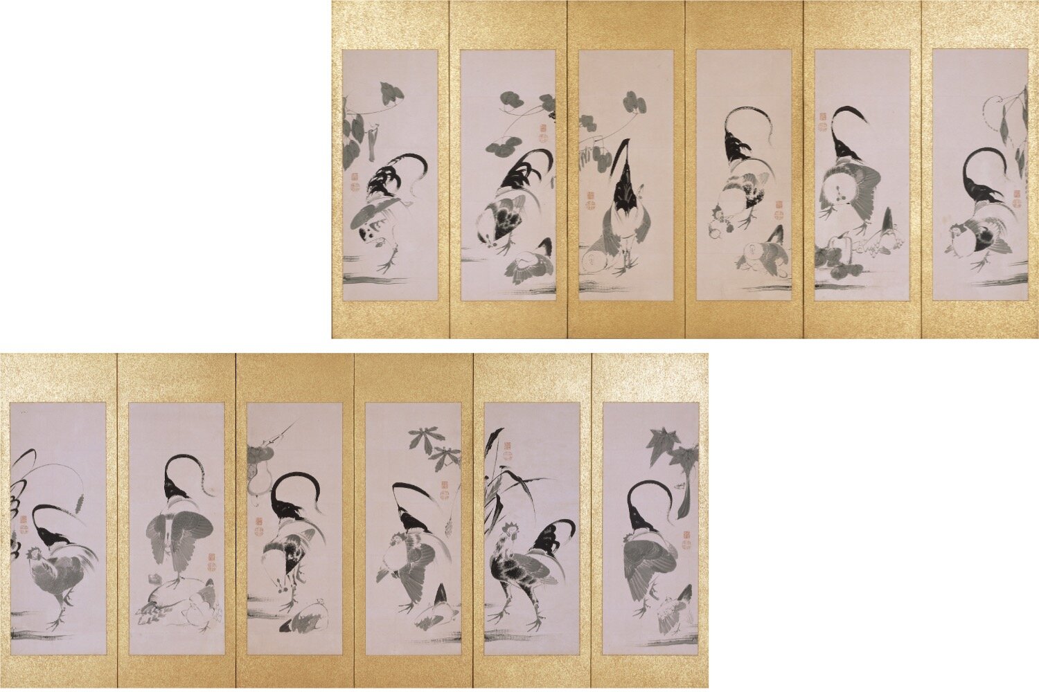 伊藤若冲筆 《群鶏蔬菜図押絵貼屏風》 六曲一双 紙本墨画 江戸時代 相国寺蔵 ［II期展示］