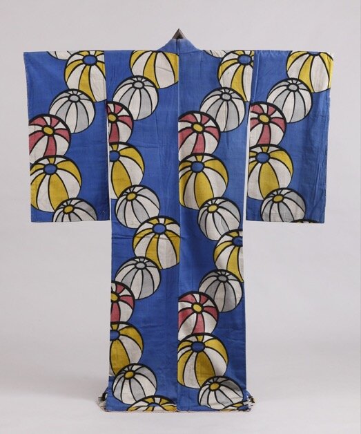 《縹地紙風船模様銘仙着物》 昭和時代 20世紀