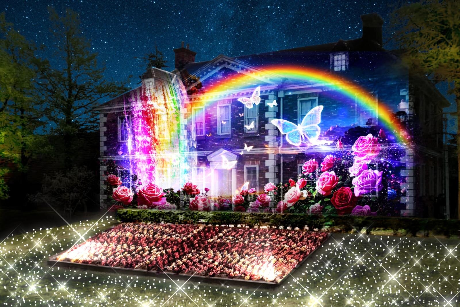 静岡・伊豆最大級のイルミネーション、洋館に映る大迫力プロジェクションマッピング＆虹色に輝く滝