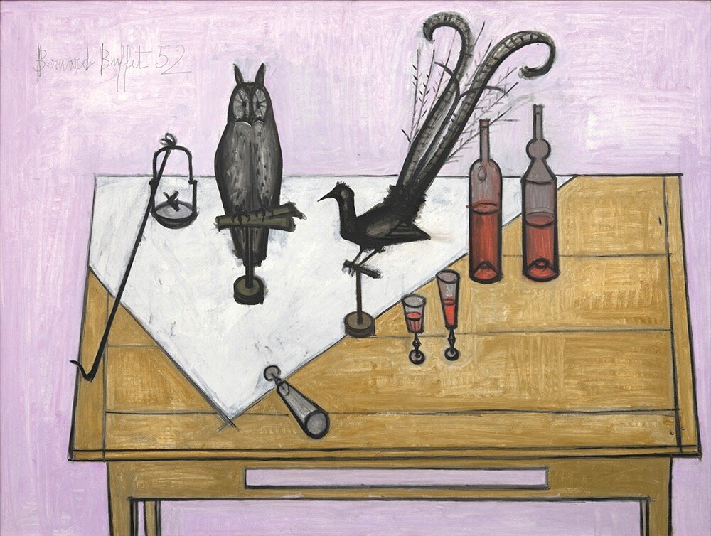 ベルナール・ビュフェ 《コトドリのある静物》 1952年 油彩／キャンバス 静岡新聞社蔵 © Bernard Buﬀet Estate
