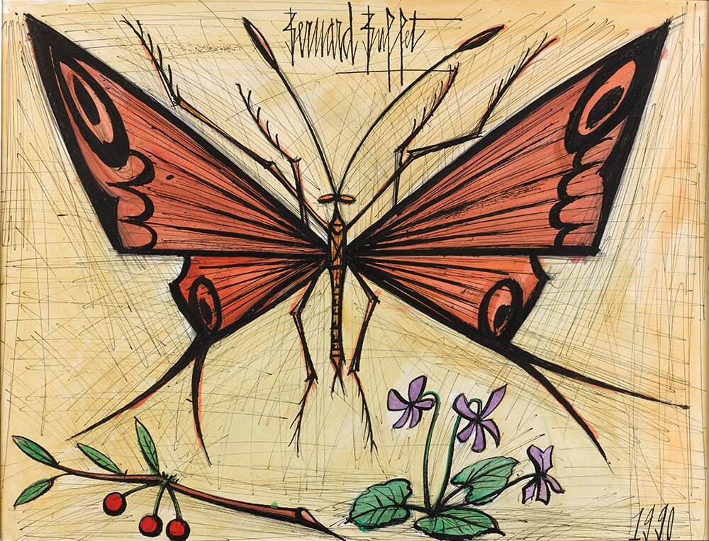 ベルナール・ビュフェ 《蝶、サクランボとスミレ》 1990年 水彩／紙 阪急電鉄蔵 © Bernard Buﬀet Estate