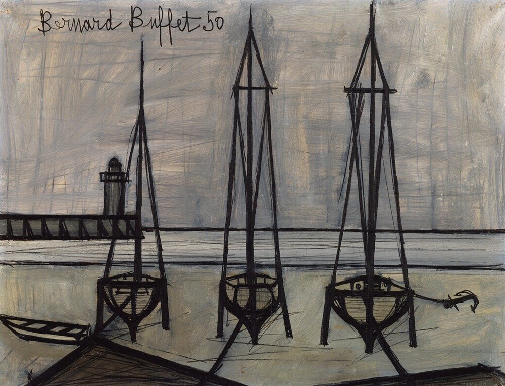 ベルナール・ビュフェ 《三隻の舟》 1950年 油彩／キャンバスに紙 静岡新聞社蔵 © Bernard Buﬀet Estate