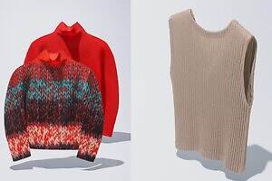 ミー イッセイ ミヤケ"カラフル毛糸"プリントのトップ＆手編みニット風コーデュロイプリーツ