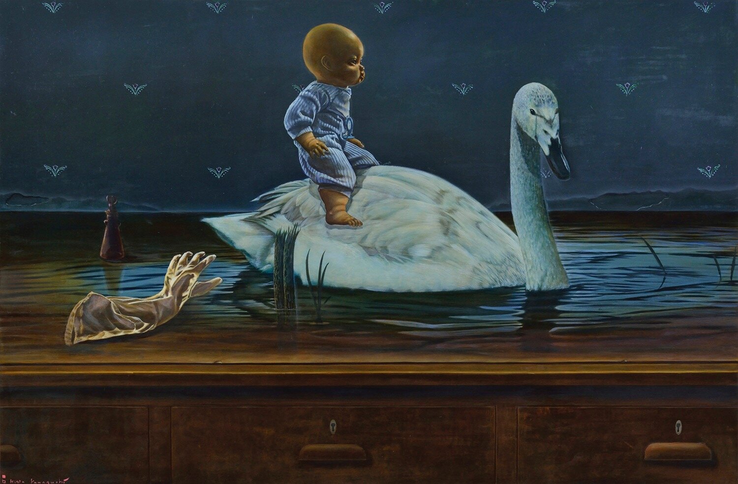 川口起美雄 《机の上の旅》 2025年 テンペラ、油彩、板 個人蔵