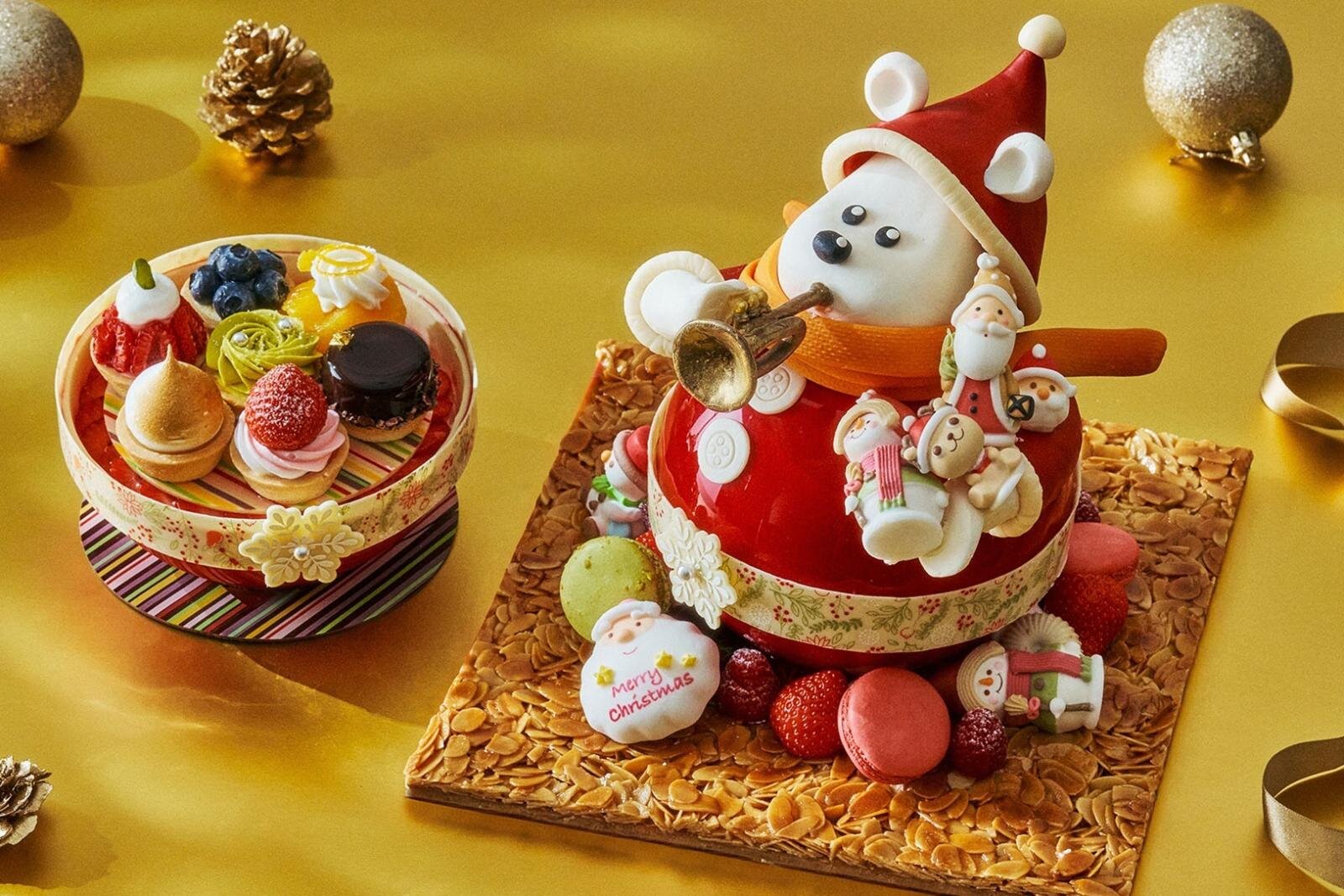 品川プリンスホテル25年クリスマス“トランペットを吹くシロクマ”ケーキ、苺やオレンジなどミニタルト付き